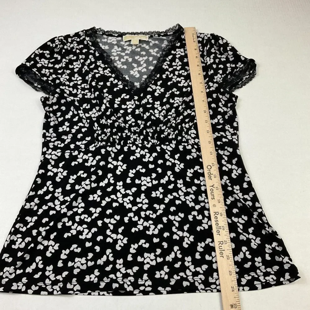 Michael Kors Womens Lace Blouse Black White Stretch Short Sleeve Shirt M Medium